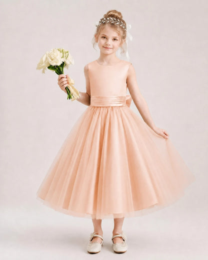 Dideyttawl Satin and Tulle Flower Girl Dress with Back Rose Bow