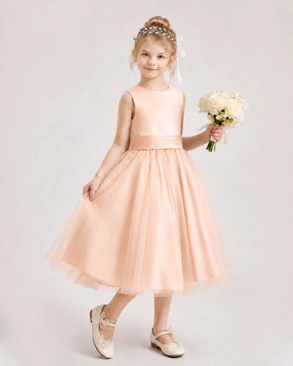 Dideyttawl Satin and Tulle Flower Girl Dress with Back Rose Bow