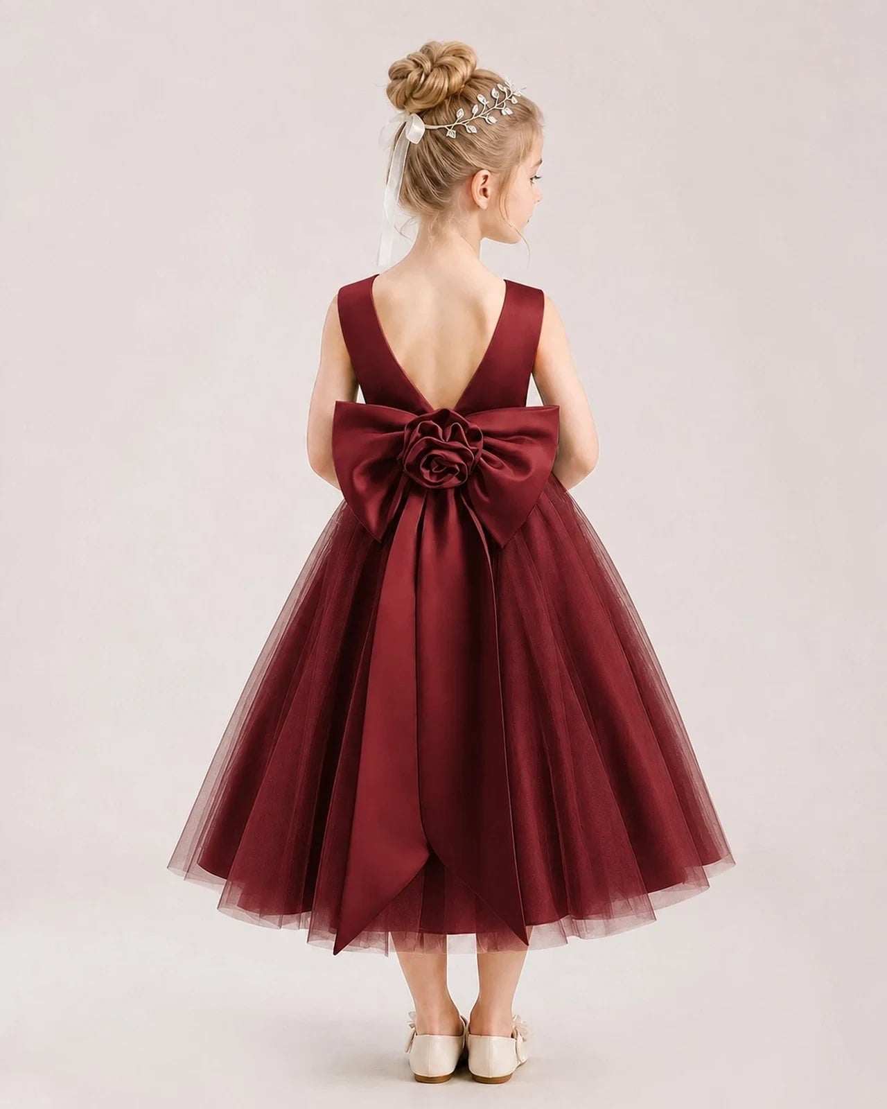 Dideyttawl Satin and Tulle Flower Girl Dress with Back Rose Bow