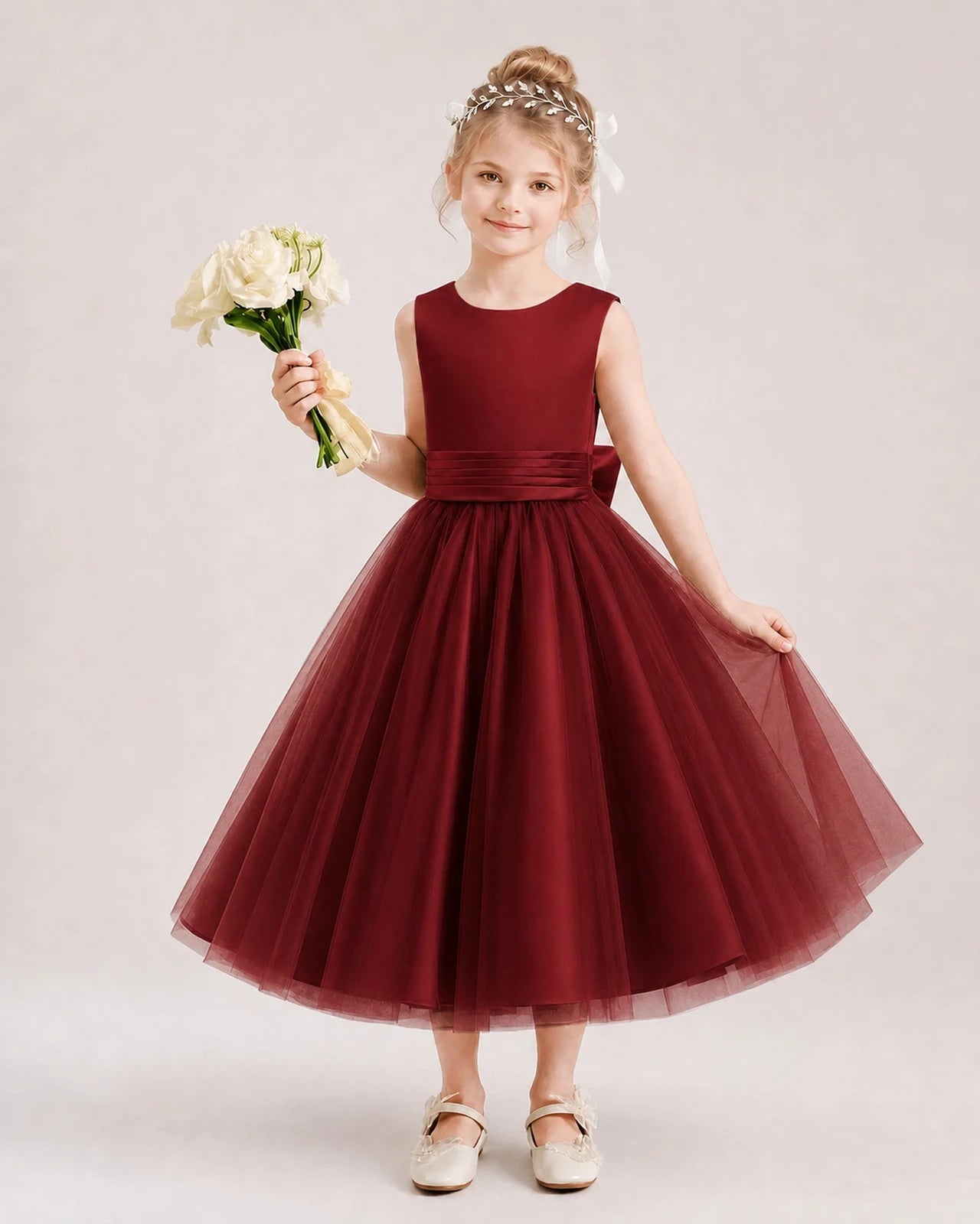Dideyttawl Satin and Tulle Flower Girl Dress with Back Rose Bow