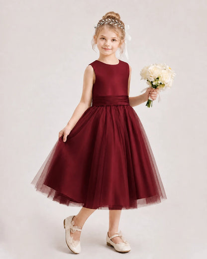Dideyttawl Satin and Tulle Flower Girl Dress with Back Rose Bow