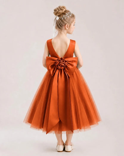 Dideyttawl Satin and Tulle Flower Girl Dress with Back Rose Bow