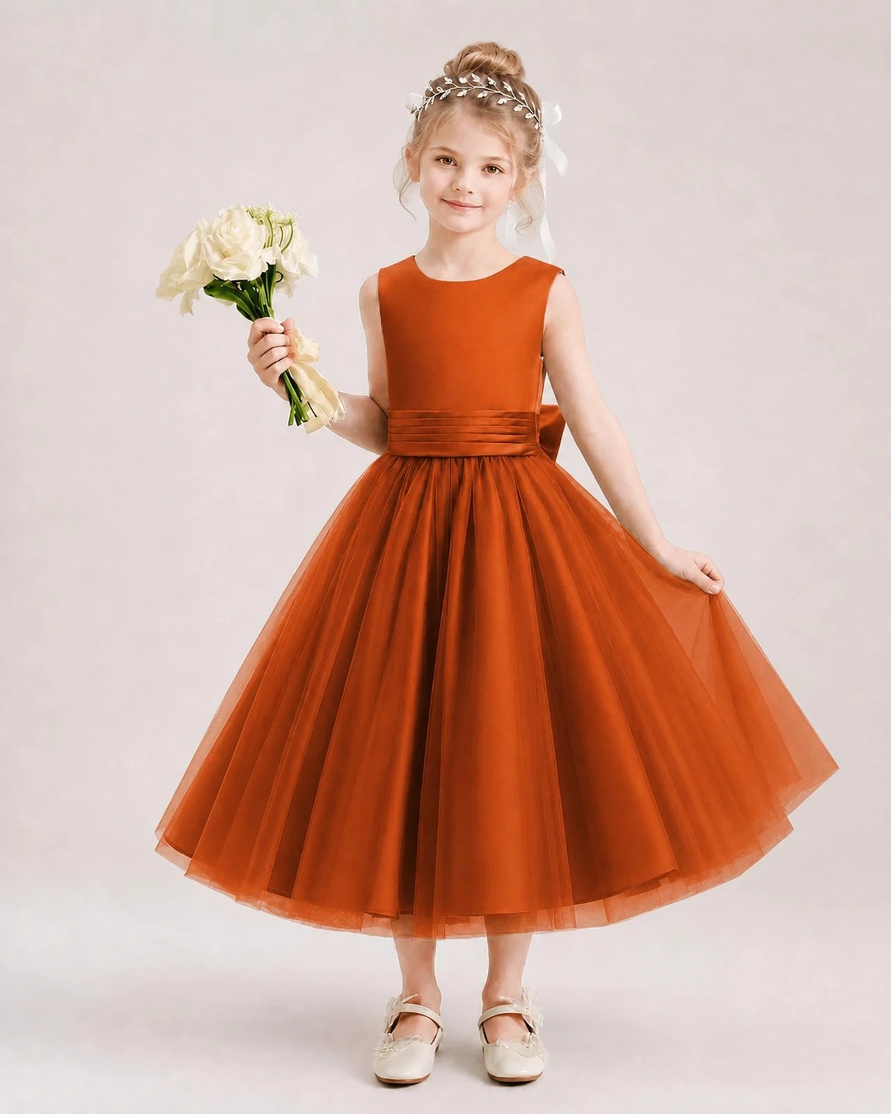 Dideyttawl Satin and Tulle Flower Girl Dress with Back Rose Bow