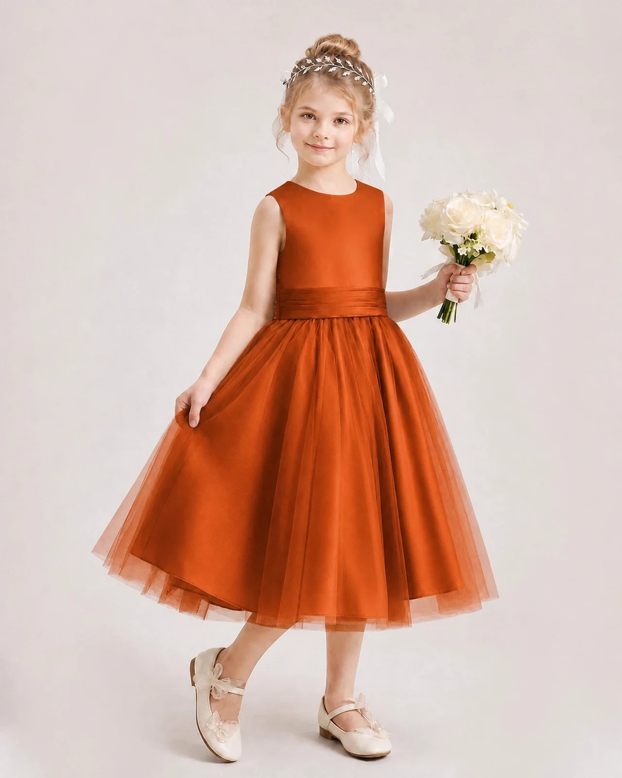 Dideyttawl Satin and Tulle Flower Girl Dress with Back Rose Bow