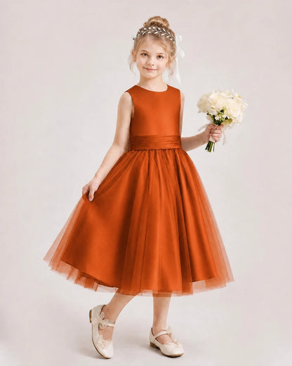 Dideyttawl Satin and Tulle Flower Girl Dress with Back Rose Bow