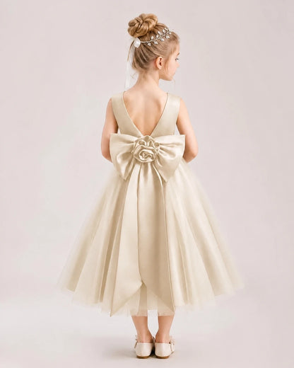 Dideyttawl Satin and Tulle Flower Girl Dress with Back Rose Bow