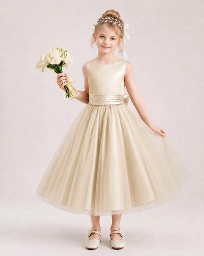 Dideyttawl Satin and Tulle Flower Girl Dress with Back Rose Bow