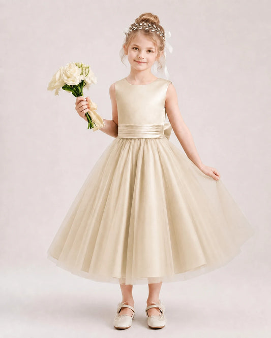 Champagne Satin and Tulle A-Line Flower Girl Dresses Front View