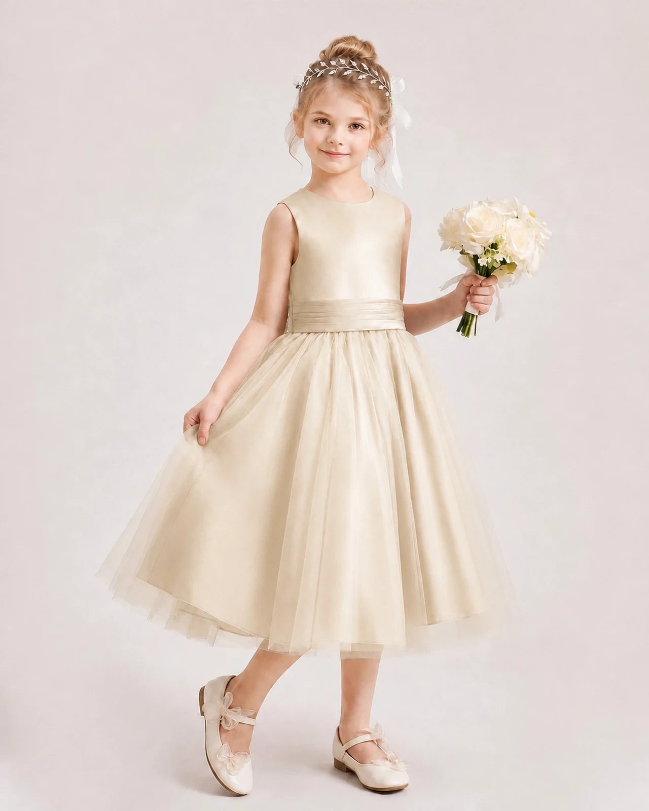 Dideyttawl Satin and Tulle Flower Girl Dress with Back Rose Bow