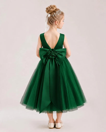 Dideyttawl Satin and Tulle Flower Girl Dress with Back Rose Bow