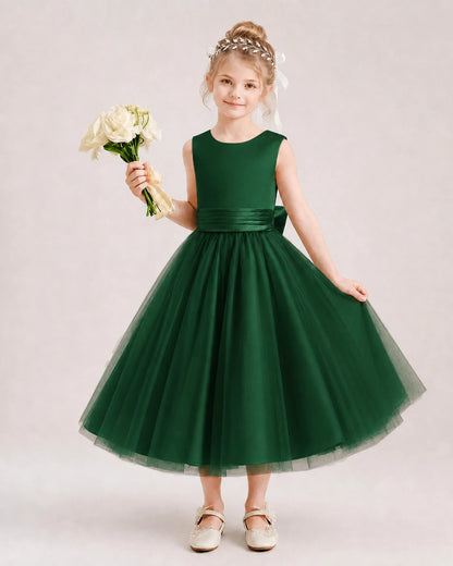 Dideyttawl Satin and Tulle Flower Girl Dress with Back Rose Bow