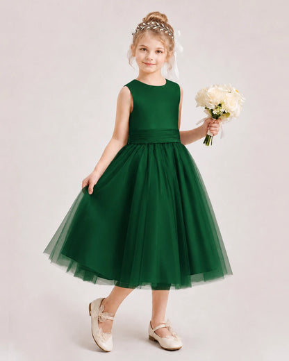 Dideyttawl Satin and Tulle Flower Girl Dress with Back Rose Bow
