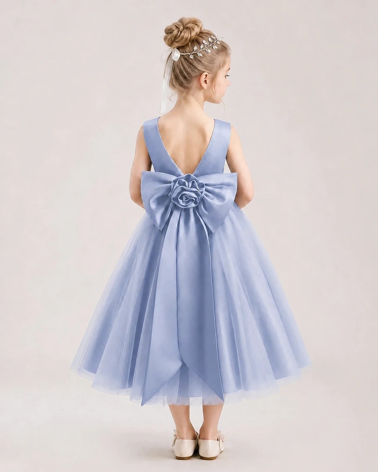 Dideyttawl Satin and Tulle Flower Girl Dress with Back Rose Bow