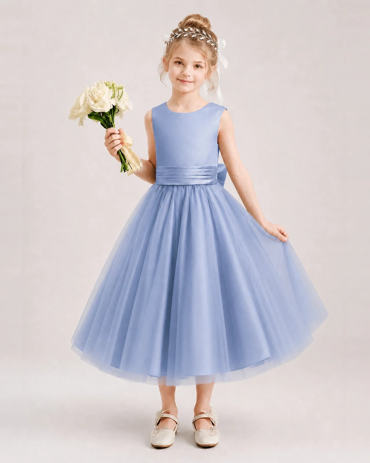 Dideyttawl Satin and Tulle Flower Girl Dress with Back Rose Bow