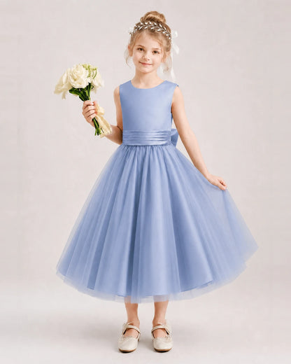 Dideyttawl Satin and Tulle Flower Girl Dress with Back Rose Bow
