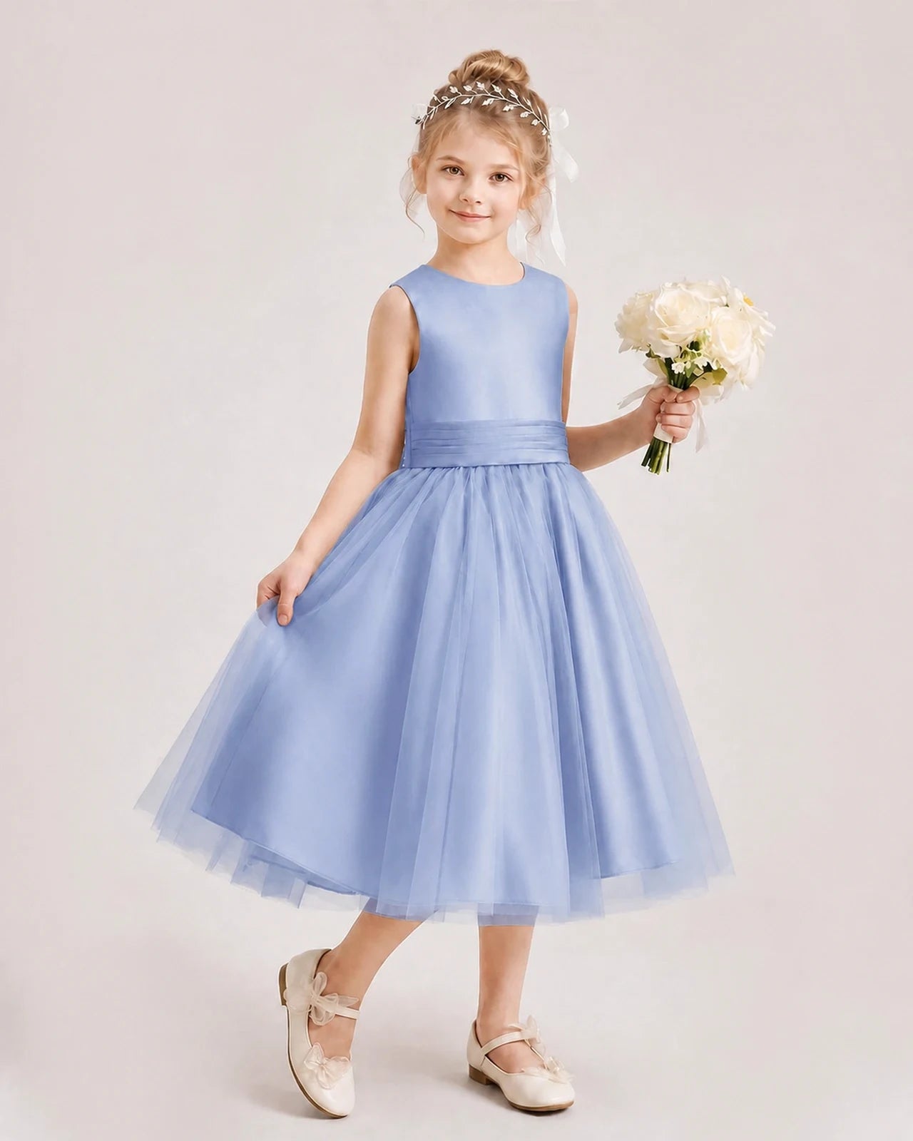 Dideyttawl Satin and Tulle Flower Girl Dress with Back Rose Bow
