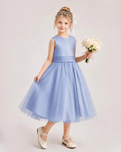Dideyttawl Satin and Tulle Flower Girl Dress with Back Rose Bow