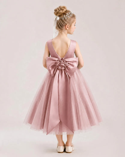 Dideyttawl Satin and Tulle Flower Girl Dress with Back Rose Bow