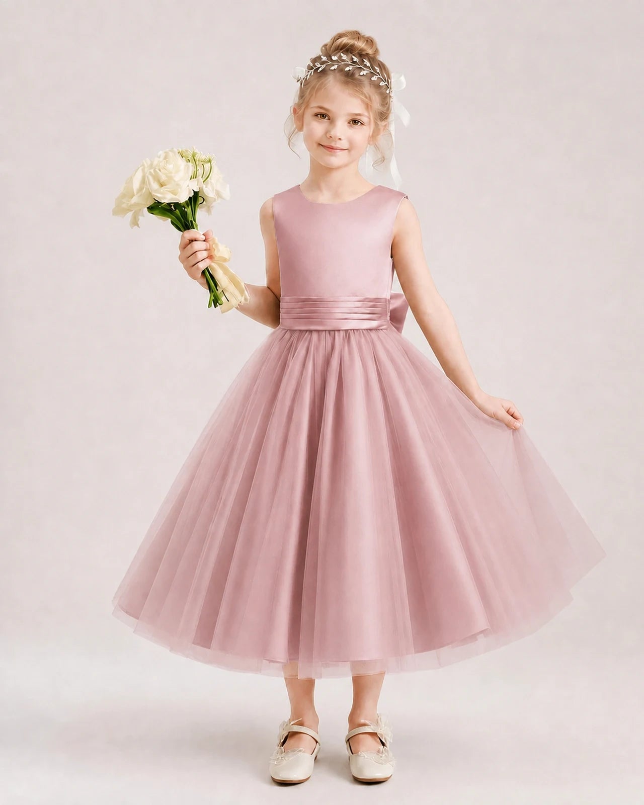 Dideyttawl Satin and Tulle Flower Girl Dress with Back Rose Bow