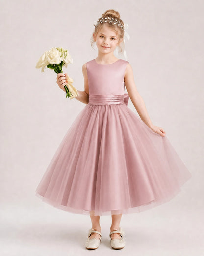 Dideyttawl Satin and Tulle Flower Girl Dress with Back Rose Bow
