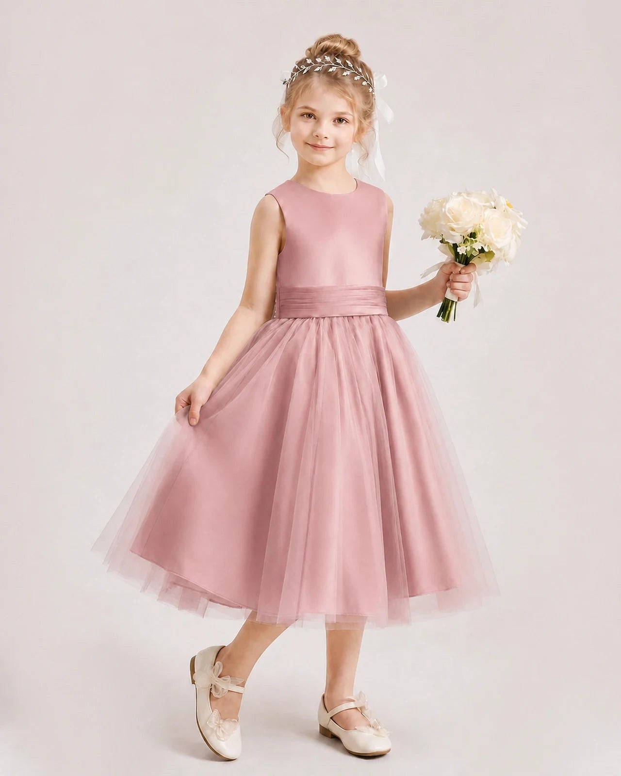 Dideyttawl Satin and Tulle Flower Girl Dress with Back Rose Bow