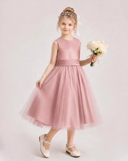 Dideyttawl Satin and Tulle Flower Girl Dress with Back Rose Bow