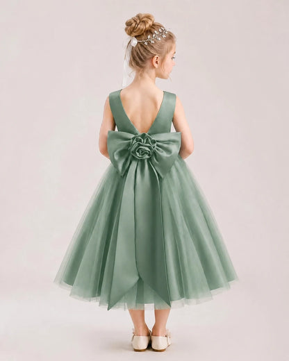 Dideyttawl Satin and Tulle Flower Girl Dress with Back Rose Bow