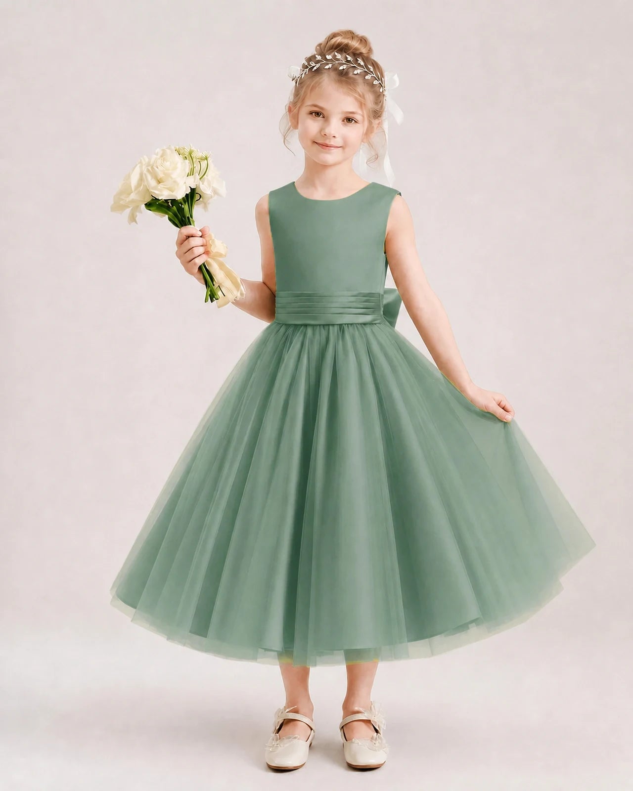 Dideyttawl Satin and Tulle Flower Girl Dress with Back Rose Bow