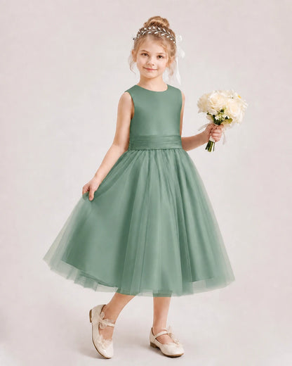 Dideyttawl Satin and Tulle Flower Girl Dress with Back Rose Bow