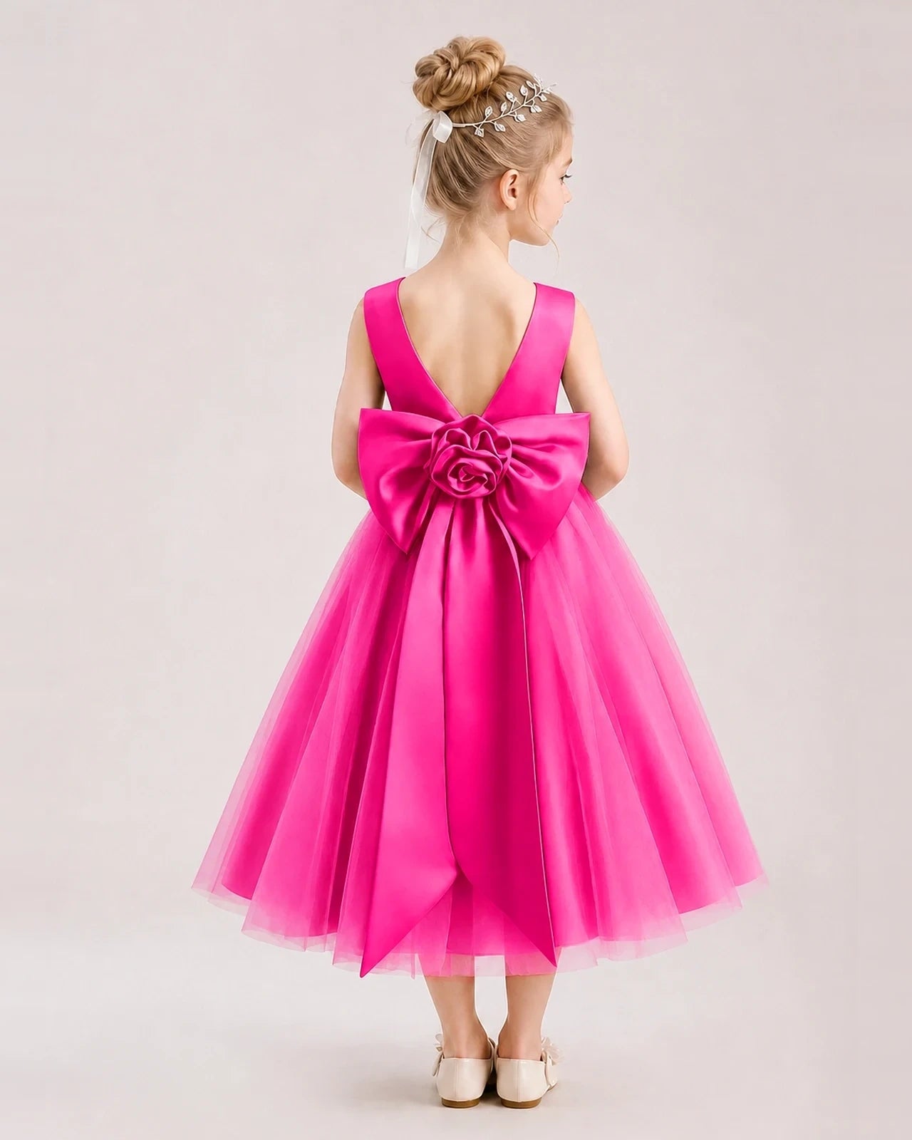 Dideyttawl Satin and Tulle Flower Girl Dress with Back Rose Bow