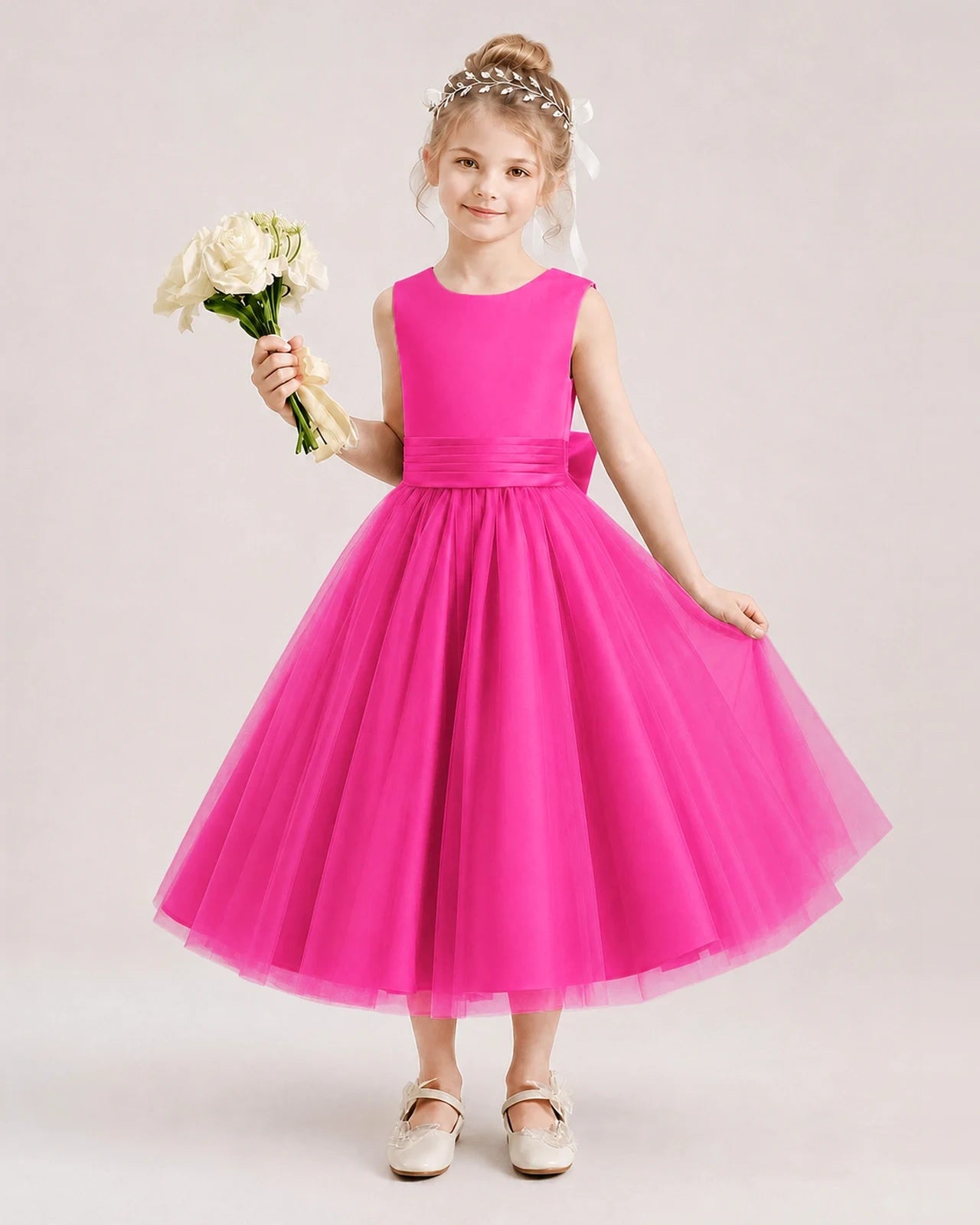 Dideyttawl Satin and Tulle Flower Girl Dress with Back Rose Bow