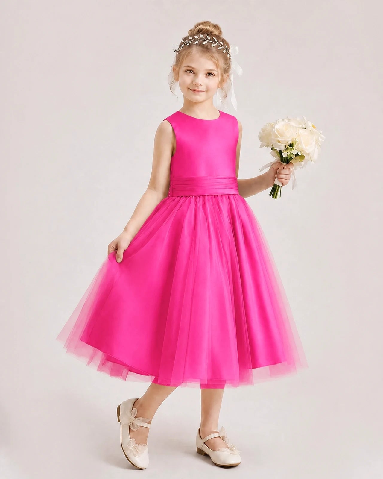 Dideyttawl Satin and Tulle Flower Girl Dress with Back Rose Bow