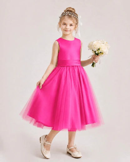 Dideyttawl Satin and Tulle Flower Girl Dress with Back Rose Bow