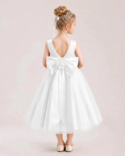 Dideyttawl Satin and Tulle Flower Girl Dress with Back Rose Bow