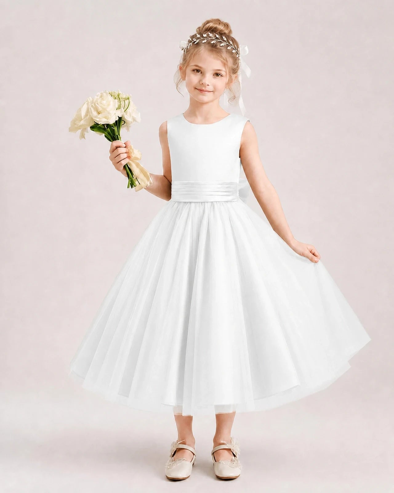 Dideyttawl Satin and Tulle Flower Girl Dress with Back Rose Bow