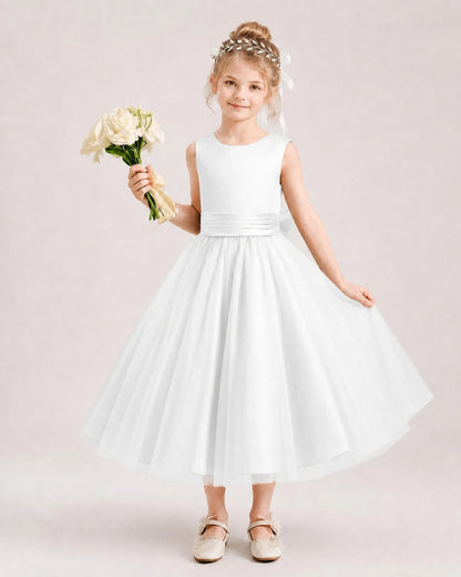 Dideyttawl Satin and Tulle Flower Girl Dress with Back Rose Bow