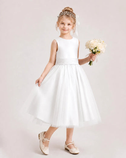 Dideyttawl Satin and Tulle Flower Girl Dress with Back Rose Bow