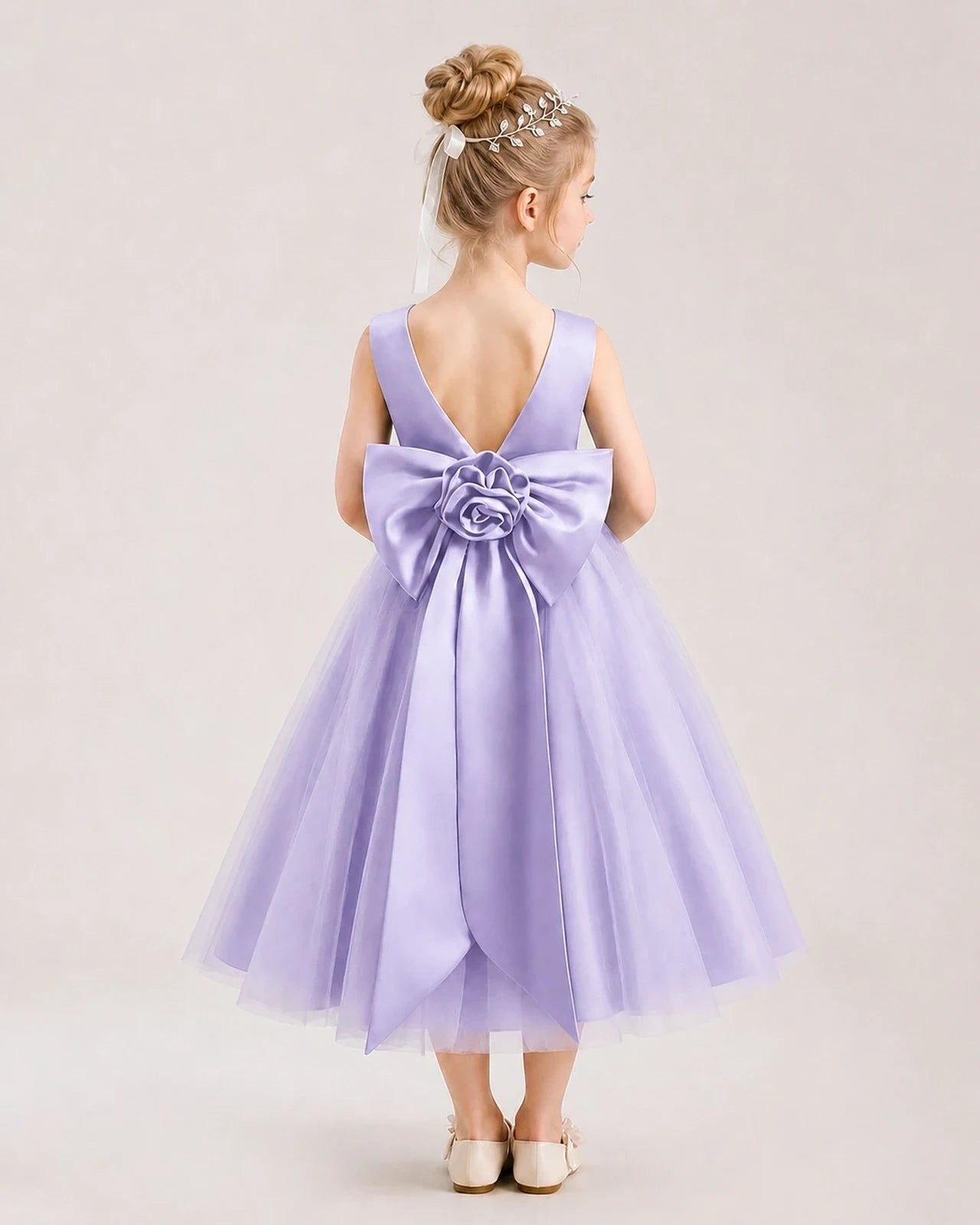 Dideyttawl Satin and Tulle Flower Girl Dress with Back Rose Bow