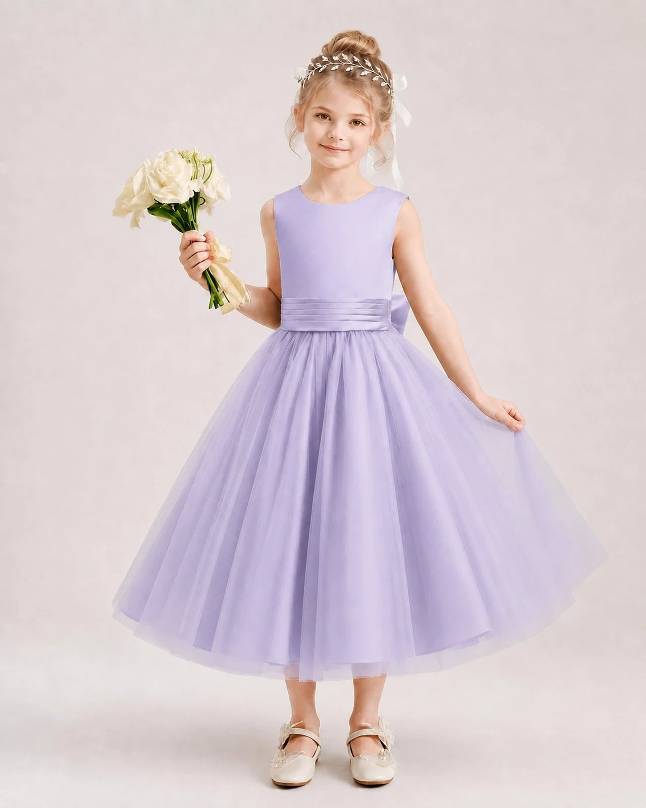 Dideyttawl Satin and Tulle Flower Girl Dress with Back Rose Bow