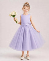 Lavender Satin and Tulle A-Line Flower Girl Dresses Front View