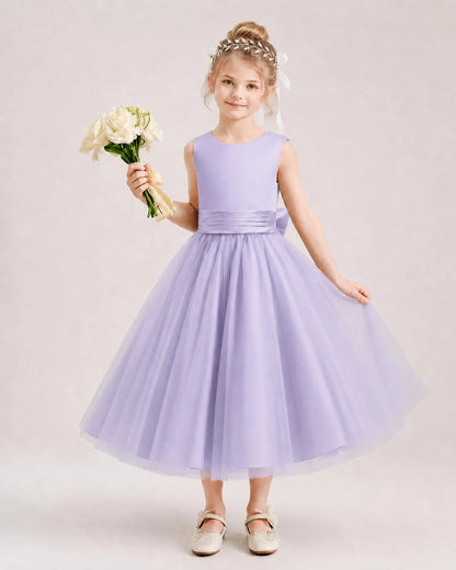 Dideyttawl Satin and Tulle Flower Girl Dress with Back Rose Bow