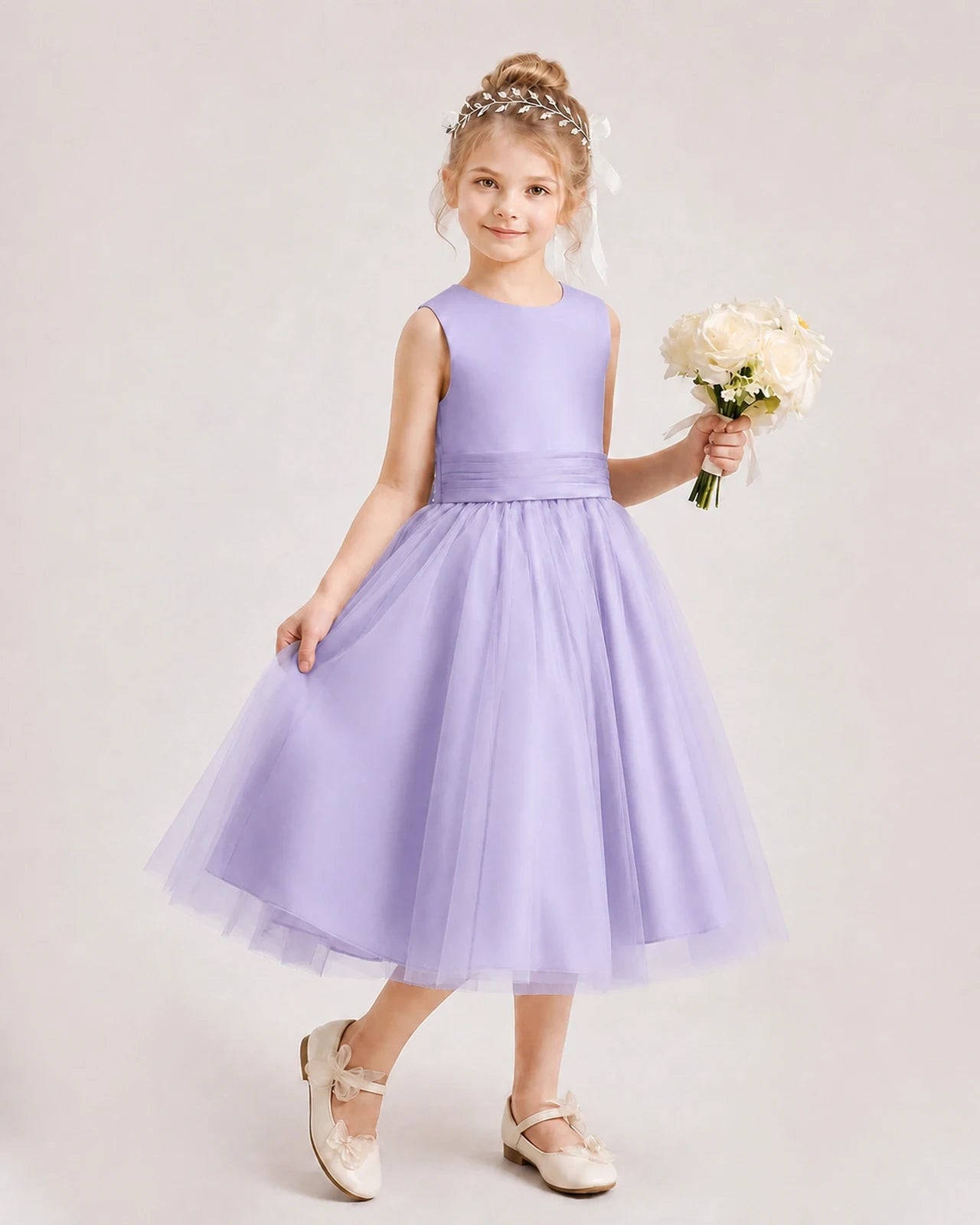 Dideyttawl Satin and Tulle Flower Girl Dress with Back Rose Bow