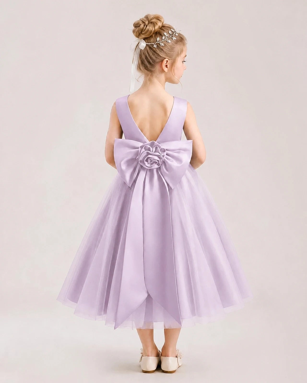 Dideyttawl Satin and Tulle Flower Girl Dress with Back Rose Bow