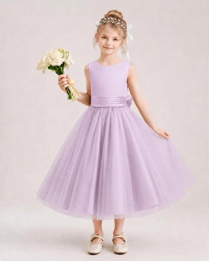 Dideyttawl Satin and Tulle Flower Girl Dress with Back Rose Bow