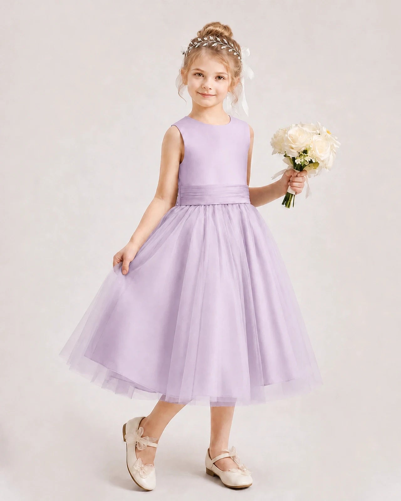 Dideyttawl Satin and Tulle Flower Girl Dress with Back Rose Bow