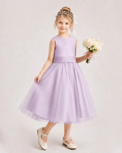 Dideyttawl Satin and Tulle Flower Girl Dress with Back Rose Bow