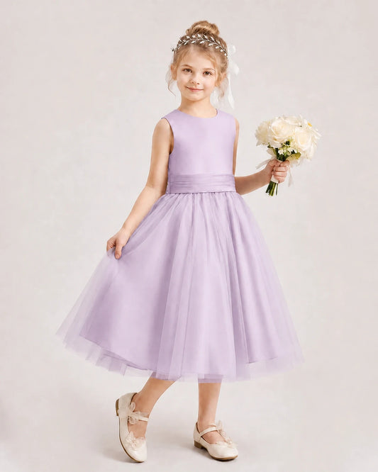 Lilac Satin Tulle A-Line Flower Girl Dresses Side View