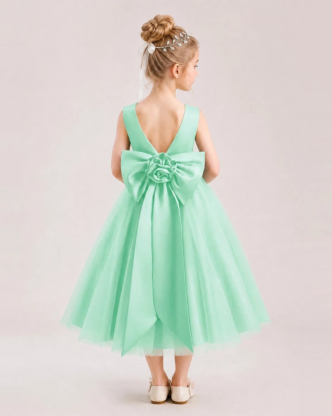 Dideyttawl Satin and Tulle Flower Girl Dress with Back Rose Bow