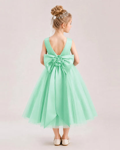 Dideyttawl Satin and Tulle Flower Girl Dress with Back Rose Bow