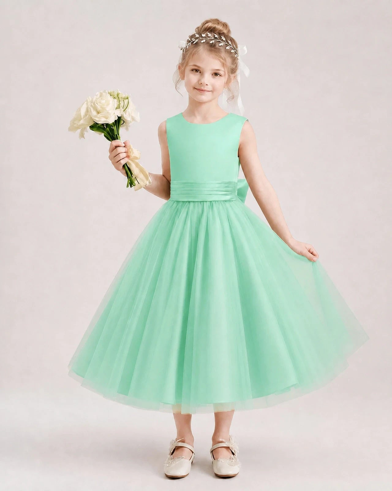Dideyttawl Satin and Tulle Flower Girl Dress with Back Rose Bow